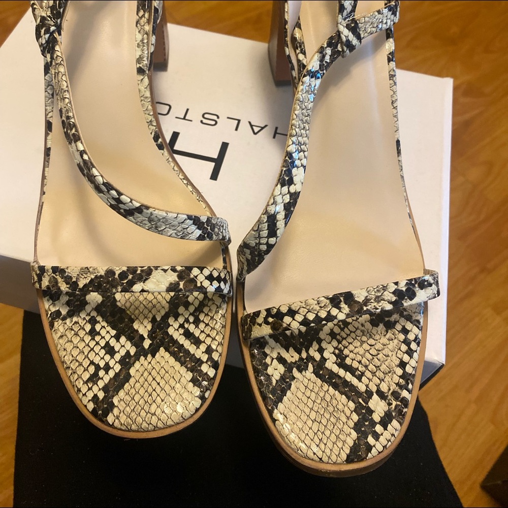 Snake skin Halston sandals.